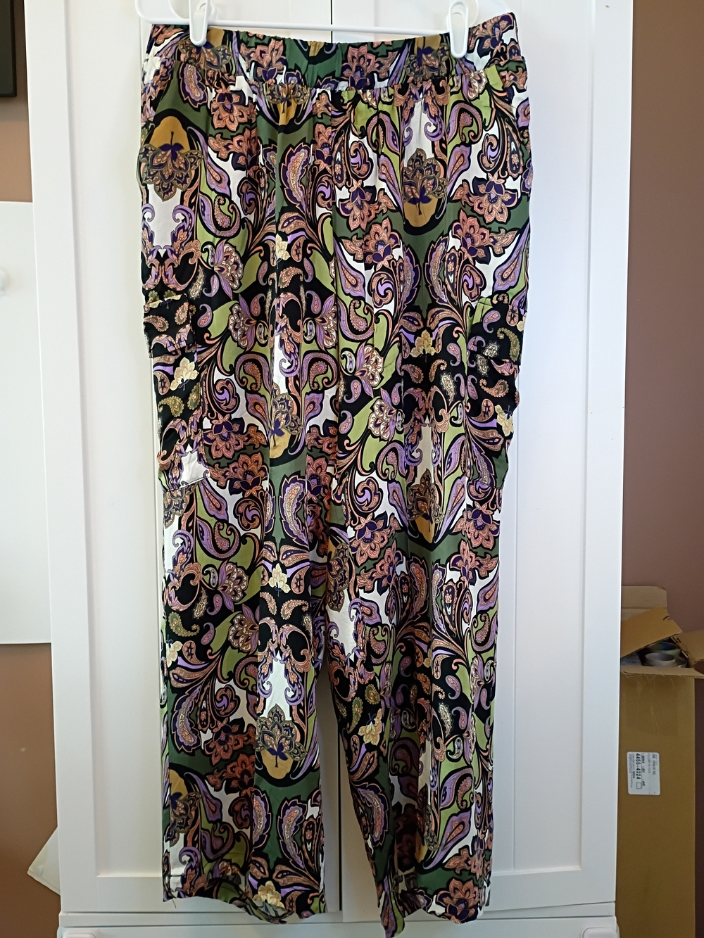 Tahari Olive, Black & Lavender Paisley Wide-Leg Pants